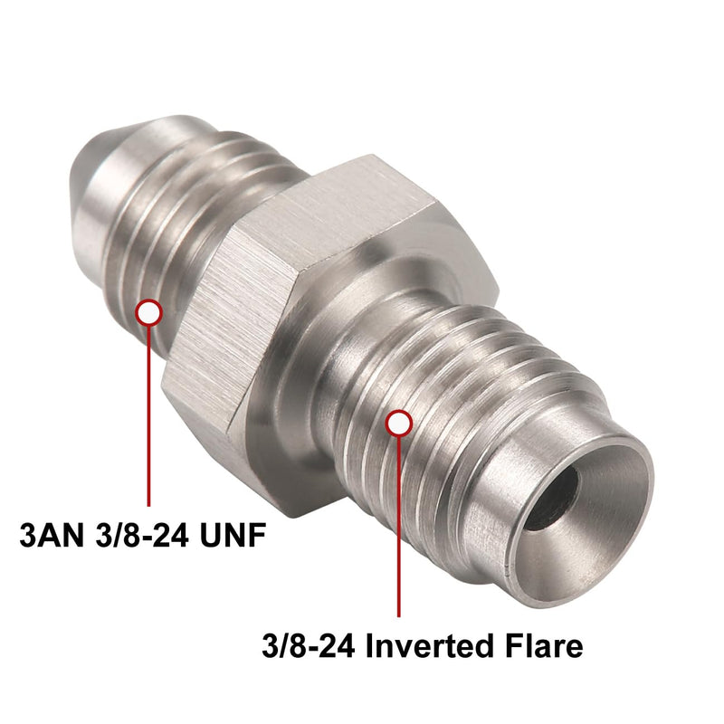 3AN Male to 3/8-24 Male Inverted Flare Stainless Steel Brake Adapter Fitting Connector 2PCS 3AN to 3/8-24 Inverted - 2PCS