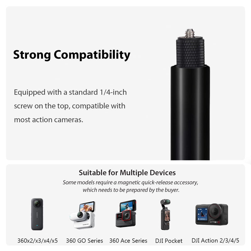 Extendable Monopod for Action Cameras, 117cm/46 Portable Vlog Handheld Selfie Stick with 1/4" Screw Mount for DJI Osmo Action 5/4/3, GoPro Hero, Insta 360 X3/X4/X5 (Black) Black