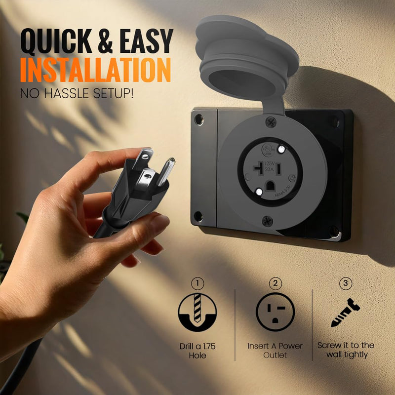 20A Weatherproof Outdoor Power Outlet by Journeyman-Pro 20 Amp 110,120-125 Volt HJP-5379-GCR2 NEMA 5-20R Receptacle Kit with Integrated 20" Extension Cord + Waterproof Rubber Cover (Black) BLACK