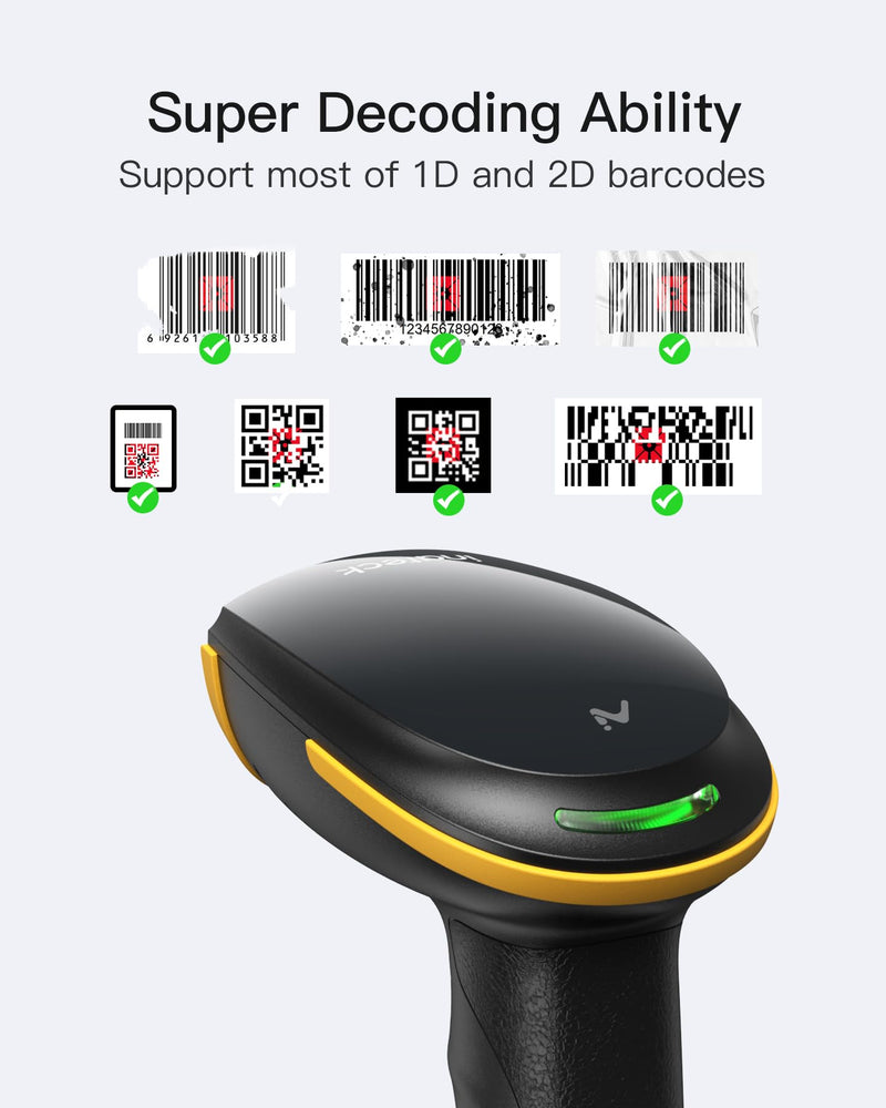 Inateck Bluetooth Barcode Scanner 2D, Wireless 2D QR Code Scanner with 2600 mAh Battery and Smart Charging Base, Handheld Scanner Support AI, APP, SDK, BCST-36 BCST-36-BK