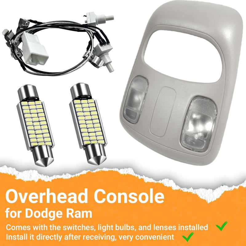 Overhead Console for Dodge Ram 1500 2500 3500 (2002-2010), Dome Light for Dodge Ram 1DK78BD1AA 1DK78TL2AA, Comes with LED Lights, Beige LED light