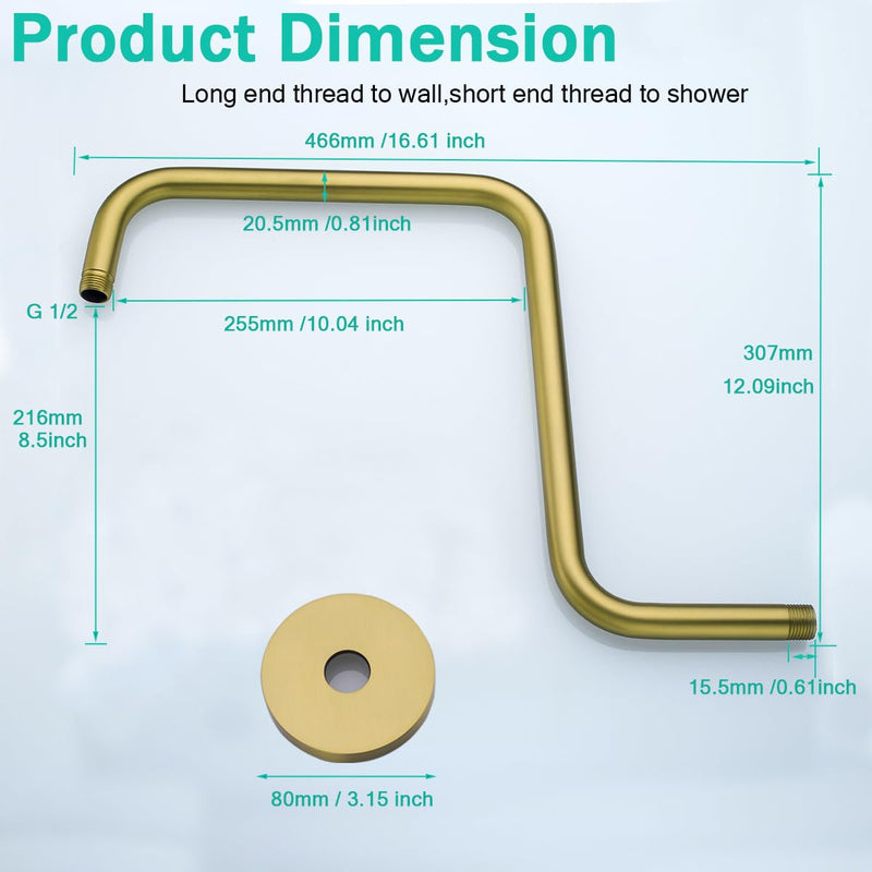 16 Inches Shower Arm with Flange,S Shaped Gooseneck Shower Head Arm,High Rise Shower Head Extension Arm,Champagne Bronze,SE-RD91058-16CB Round Flange-16″ Champagne Bronze
