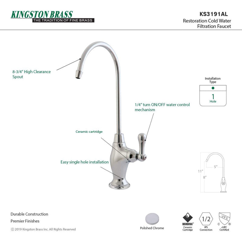 Kingston Brass Gourmetier KS3191AL Restoration Single Handle Water Filtration Faucet, Polished Chrome, 10.81 x 4.63 x 1.75
