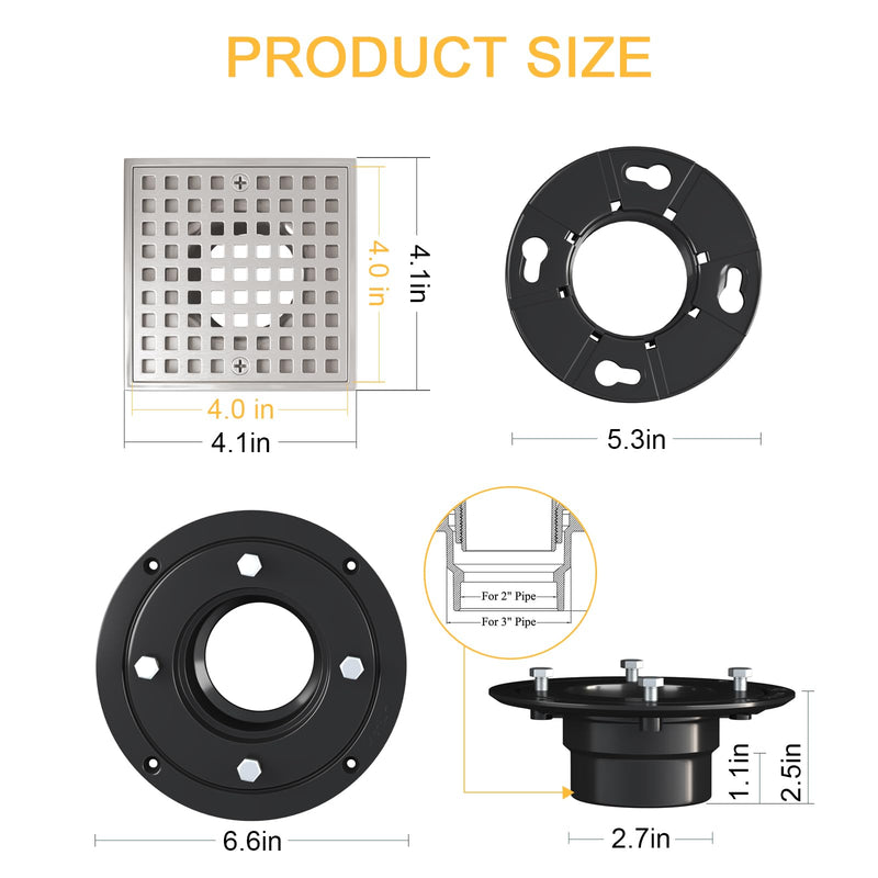 4 Inch Square Shower Drian with ABS Flange-SUS 304 Stainless Steel & CUPC Certified Shower Floor Drain-Removable Grid Cover-with Hair Strainer-Brushed Nickel Brushed Nickel