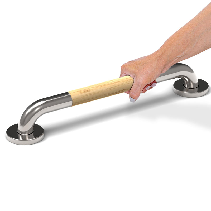 Safety Grab Bar for Bathroom & Toilet, Natural Bamboo Handle, ADA Compliant Balance Assist Handrail for Handicap and Seniors, 16in Brushed Nickel