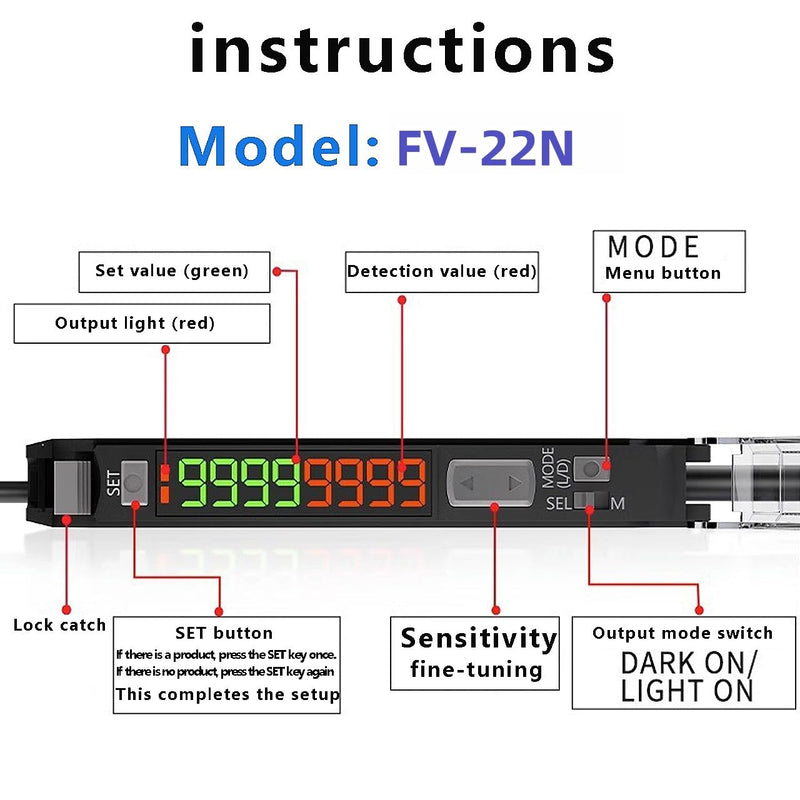 FV-22N Fiber Optic Amplifier, Fiber Optic Sensor Proximity Switch; Long Distance Optical Communication Diffusion Induction Photoelectric sensors; Comes with Instruction Manual Regular FV-22N 1