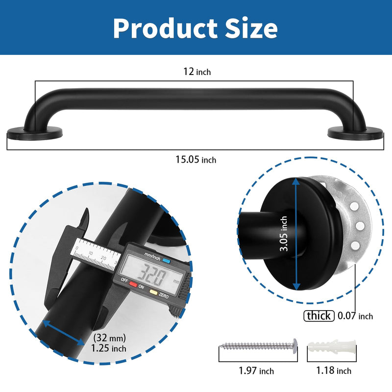 Safety Shower Grab Bars for Seniors, Stainless Steel Anti Slip Shower Handle, ADA Compliant Hand Rails, Holds up to 500 LBS Grab Bars for Elderly for Wall (Black, 12 Inches) 12 Inch