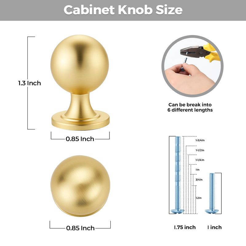 12 Pack Brushed Gold Cabinet Knobs, Round Ball Knobs for Kitchen Cabinets, Drawers, 0.85 Inch 12