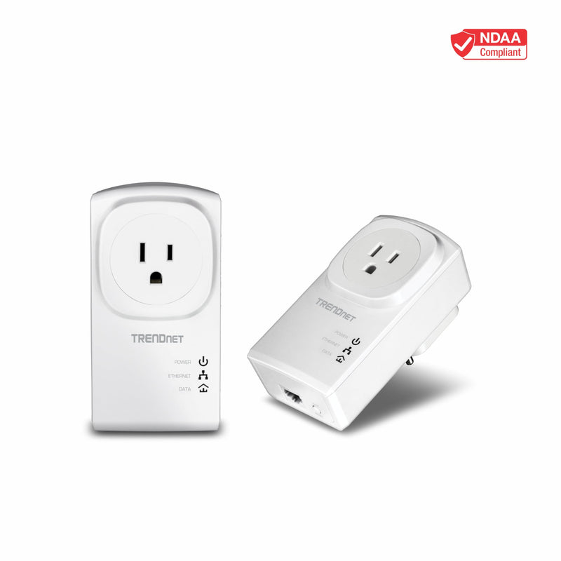 TRENDnet Powerline 500 AV Nano Adapter Kit with Built-in Outlet, Power Outlet Pass-Through, Includes 2 x TPL-407E Adapters, Plug & Play, Ideal for Smart TVs, Gaming, White, TPL-407E2K AV 500 Pass-Through Starter Kit