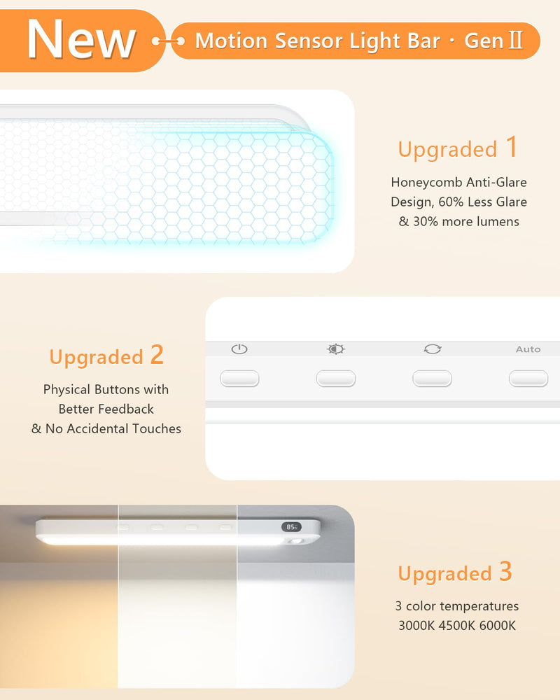 WILLED Under Cabinet & Closet Lights, Motion Sensor, Rechargeable, Magnetic, 3 Color Temps, Dimmable LED Light Bar for Indoor Kitchen Counter (4 Pack, White) 4 Pack
