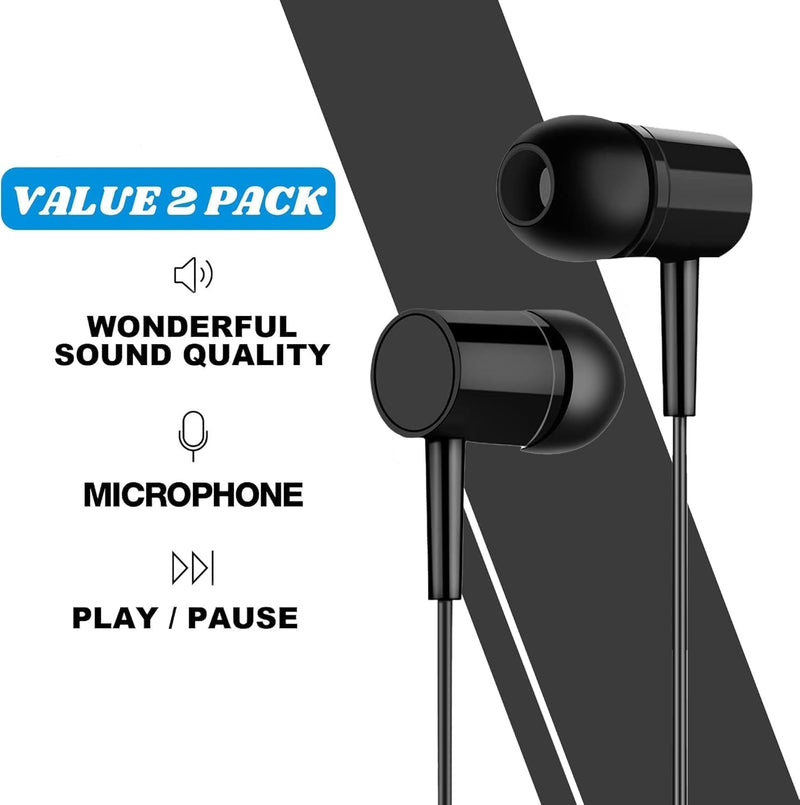 2 Packs Wired Earbuds – in-Ear Headphones with Microphone, Built-in Volume Controller, Noise Cancelling Design for Music, Online Classes, Work Calls, Compatible with Computers, Laptops, Tablets