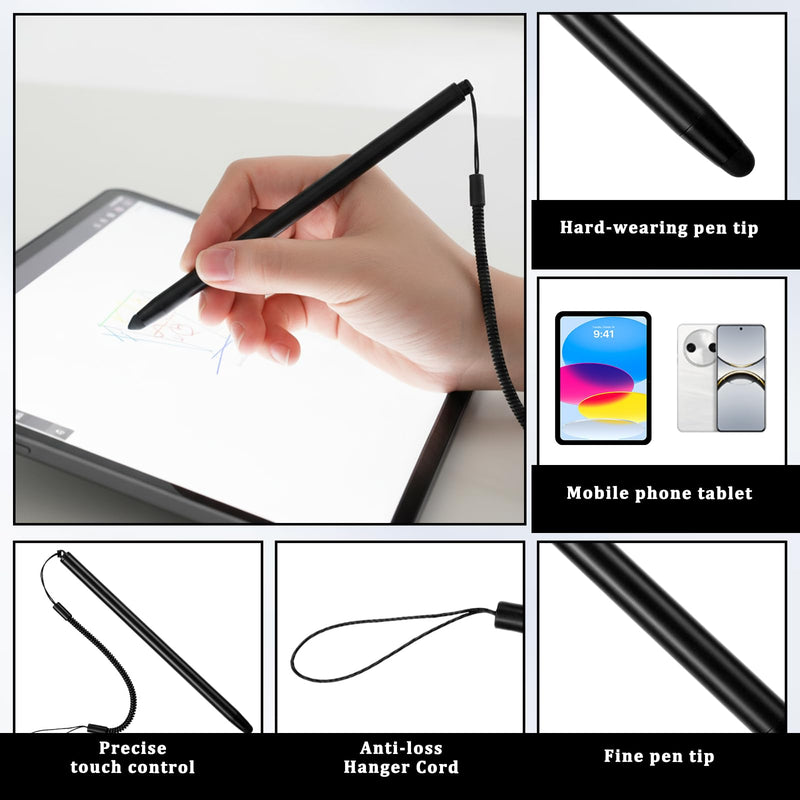 2 PCS Stylus Pen with Spring Tether, Universal Capacitive Touch Screen Pen for Tablets and Phones Anti-Scratch Silicone Tip Stylus for Tablets Drawing, Sketching and Note-Taking (Black)