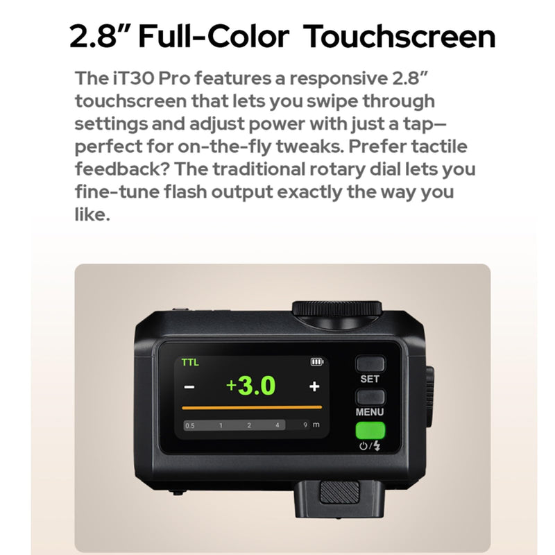 Godox iT30Pro N iT30Pro-N TTL Flash for Nikon Camera, GN15 1.5s Recycle Time, 560 Full Power Flash, 1/8000 HSS, 2.4G Wireless, Built-in Lithium Battery, 2.8″ Full-Color Touchscreen Speedlight (Black)