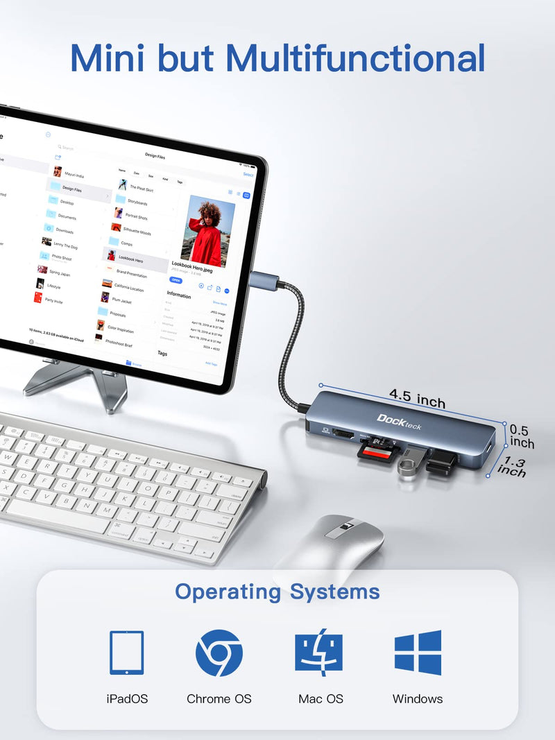 USB C Hub Multiport Adapter - Dockteck 6 in 1 USB C Dock with 100W PD, 4K 60Hz HDMI, USB 3.0, SD/TF Card Reader, USBC Hub for MacBook Pro Air Microsoft Surface Pro 4K@60Hz