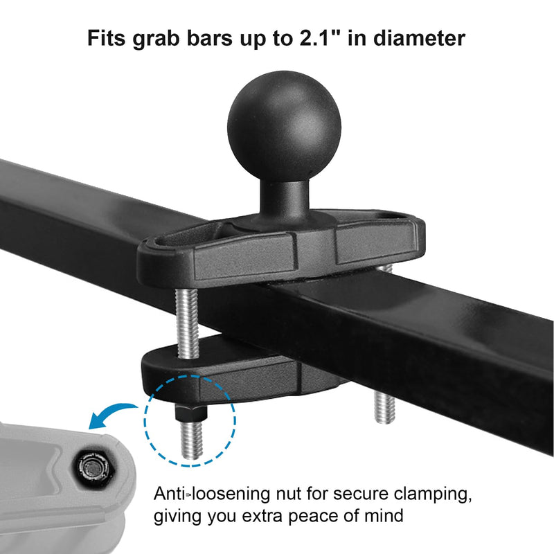 Aluminum Grab Bar Clamp Mount Base with 1.5'' Ball for Square Rails up to 2.1'' in Diameter, Compatible with RAM Mounts C Size 1.5 Inch Ball Double Socket Arm Square Tube