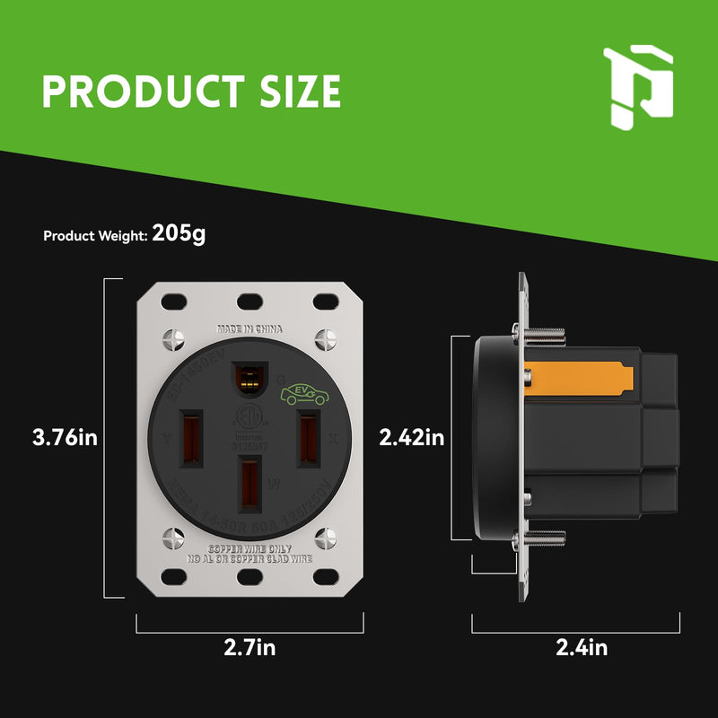 PLUGTUL NEMA 14-50R Outlet - 50AMP EV Charging Receptacle with Wall Plate, Straight Blade, Industrial Grade, 3-Pole 4-Wire, 50A 125/250V, 14-50R, ETL Listed