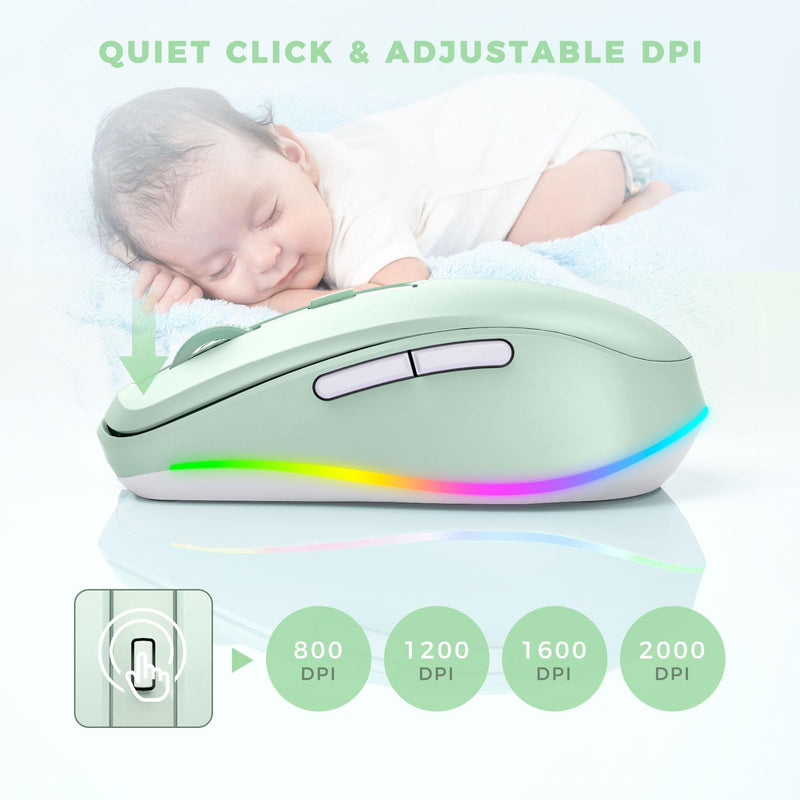 PEIOUS Wireless Mouse Jiggler - LED Wireless Mice with Build-in Mouse Mover, Rechargeable Moving Mouse for Laptop with Undetectable Random Movement Keeps Computers Awake-Light Green Light Green