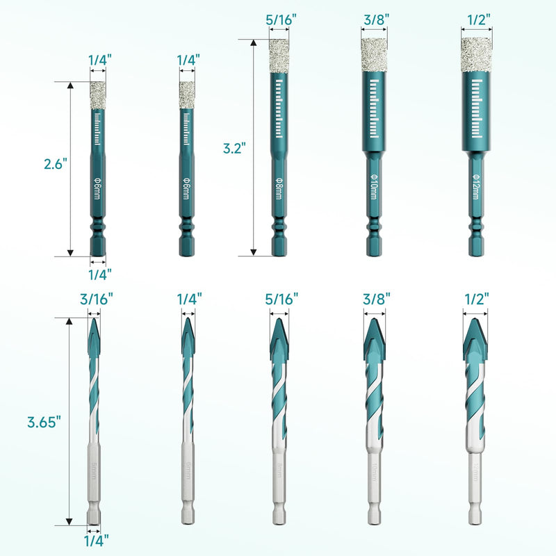 Diamond Drill Bits Set 10Pcs,Drill Bits for Drilling Holes in Procelain,Glass,Ceramic and Tile,3/16”1/4”5/16” 3/8”1/2”Hex Shank Tile Drill Bit for Precise Drilling