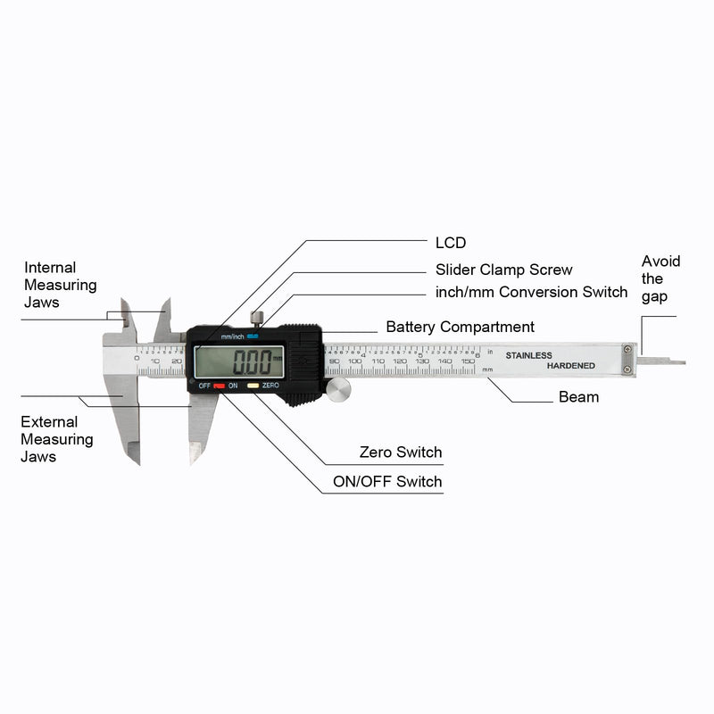 Digital Caliper 0-6" Measuring Tool with Metal Ruler, Micrometer Caliper with Auto-Off Feature, Interchangeable Between inches and millimeters for DIY/Household and 3D Printing, Black 6" Metal Black