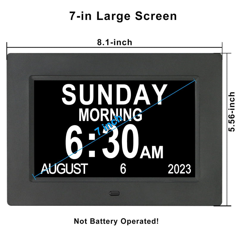 TSITSC 7 Inch Digital Day of The Week Clock Extra Large Non-Abbreviated Dementia Day and Date Time Clocks for Seniors Elderly Impaired Vision Memory Loss 12 Alarm Reminders + Auto-Dimming 7 Inch Black