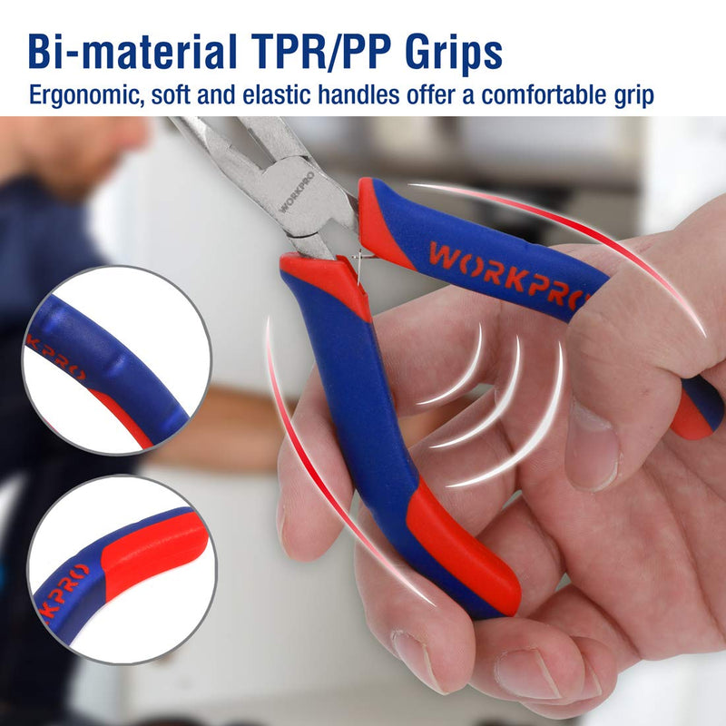 WORKPRO 6-piece Mini Pliers Set - Needle Nose, Diagonal, Long Nose, Bent Nose, End Cutting and Linesman, for Making Crafts, Repairing Electronic Devices, with Pouch Blue