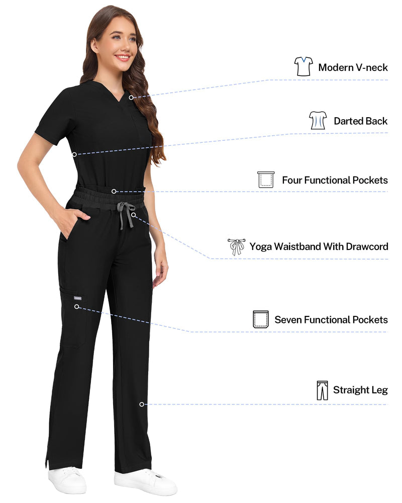 COMENII Scrubs for Women Set, V-Neck Top & Straight Leg Pants with 11 Pockets, Stretch Comfortable Womens Scrub Sets Regular 30" Medium Black