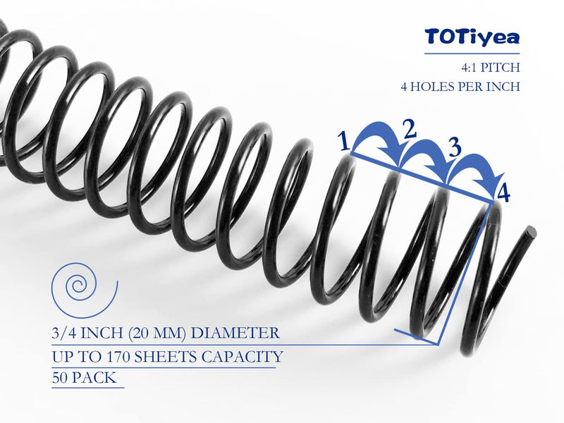 TOTiyea 50 Pack Plastic Spiral Binding Coils,20mm(3/4 ") Binding Spirals,170 Sheet Capacity,4:1 Pitch, Black 3/4" (170 Sheet Capacity)