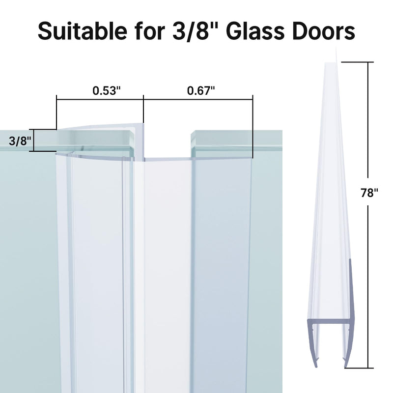 AmazerBath Shower Door Side Seal Strip (Set of 2), Frameless Glass Shower Door Seal Strip - Suitable for 3/8 Inch Glass, 78 inch Side Seal 3/8