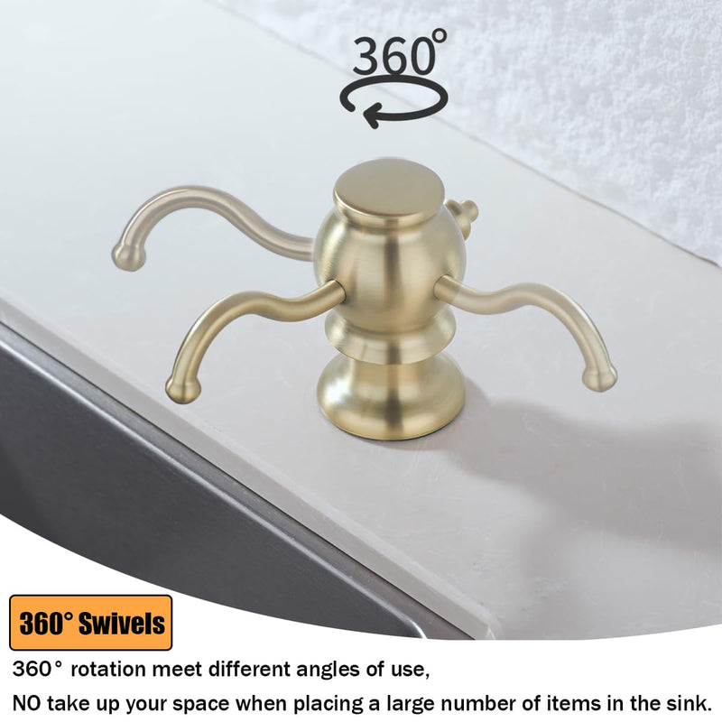 RANDOM Brushed Gold Soap Dispenser for Kitchen Sink,Built in Sink Soap Dispenser with Solid Brass Pump Head Soap Dispenser Extension Tube Kit and 11 Ounce Large PET Liquid Soap Bottle.RD84038BG