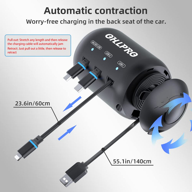 OHLPRO Multi Car Retractable Backseat 3 in 1 Car Charging Station Box Compatible with All Phones | iPhone | Samsung | Uber Taxi Lyft Turo Ride Share Customer Charging Dock Attach to Headrest 2 Pack | 3-IN-1 Charging Station