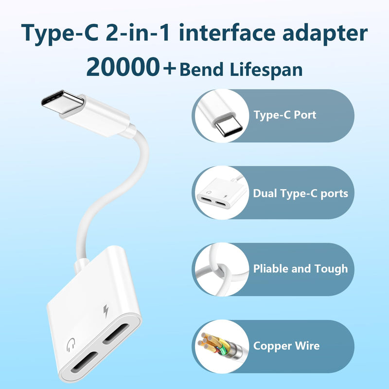 Dual USB C Headphone and Charger Adapter for iPhone, USB Type C to Aux Audio + Charge Dongle Adapter for iPhone 17/17 Pro/17 Pro Max/Air/16/16 Pro Max/15/15 Pro Max (1PACK) 1PACK