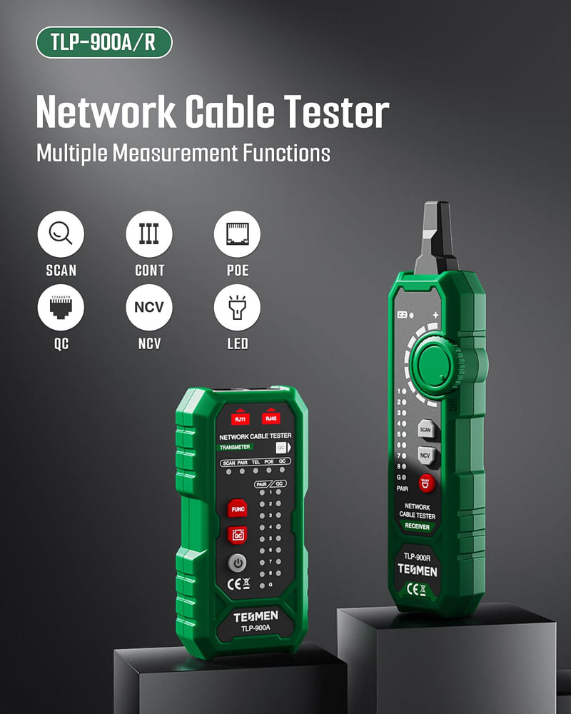TESMEN TLP-900AR Network Cable Tester, RJ11 RJ45, for CAT5/6/POE/STP, Multi-function Cable Tracer with Pairing, Continuity, QC&NCV, Suitable for Ethernet, Telephone, Wire maintenance and sorting-Green Green