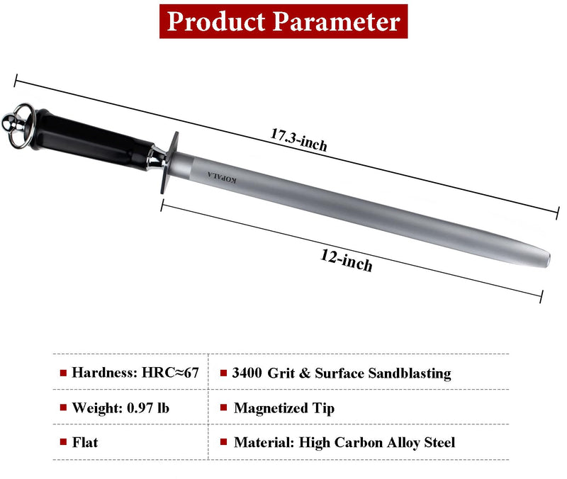 Sharpening Steel Knife Sharpener Rod Flat 12 Inches Honing Steel for Knives Dark Flat 12 inches Dark