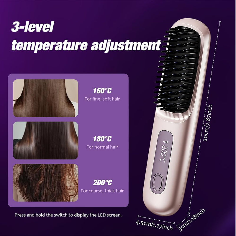 GlowWave Heated Brush, 2026 Cordless Hair Straightener Brush, 3 Heat Settings & LED Screen Glowcept Heated Brush, Portable & Rechargeable Heated Styling Brushes for Travel & Everyday Use (Purple)
