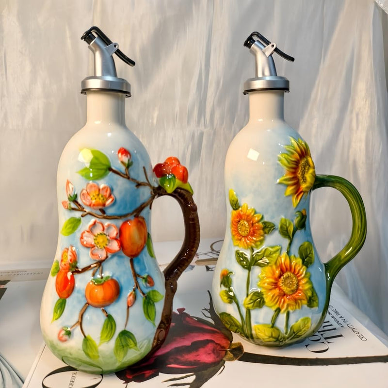 18.26oz/540ml Ceramic Olive Oil Dispenser Bottle,Hand Painted Reliefs Oil Dispenser for Kitchen,Oil Bottles for Kitchen (Blueberry) Blueberry