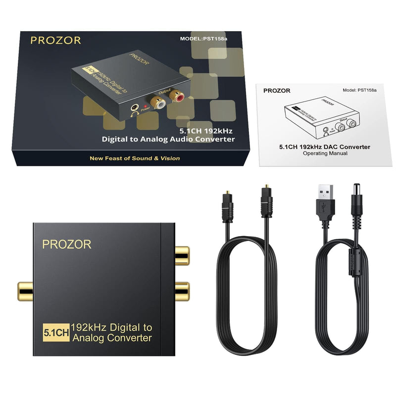 PROZOR 192Khz Digital to Analog Audio Converter Support 5.1CH Optical to RCA Converter with Magnetic Ring Power Cord Digital Toslink SPDIF to Analog L/R RCA 3.5mm Adapter for HDTV Blu-Ray DVD PS3 PS4 5.1CH Dolby Digital & DTS Decoder - Aluminum Alloy