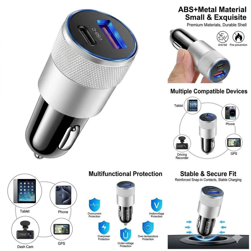 Dual-Port USB Fast Car Charger, USB-C PD and 3.1A USB-A, 15W Total Output, Metal Knurled Grip, Universal 12-24V, Model CC-PD1 Silver/Black