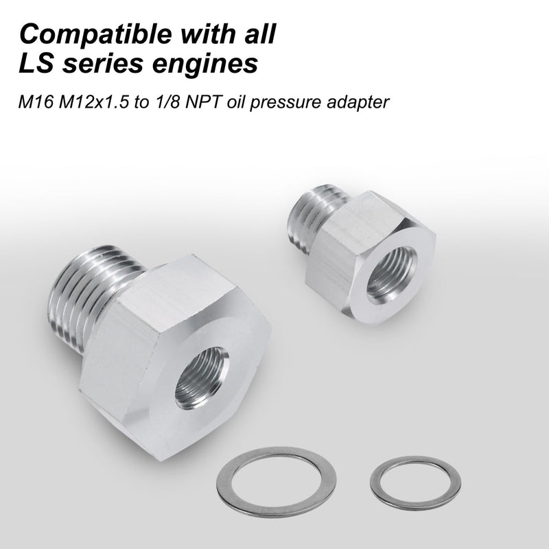 2pcs Oil Pressure Sensor Adapter, M16x1.5 M12x1.5 to 1/8 NPT Temp Sensor Adapter Swap Parts Oil Pressure Sender Accessories Compatible with LS Engines