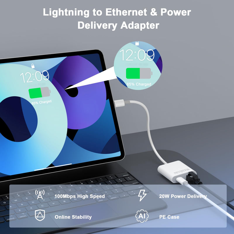 Lightning to Ethernet Adapter for iPhone 14, [Apple MFi Certified] 2 in 1 RJ45 Ethernet LAN Network Adapter with Charge Port for iPhone 14 13 12 11 XS XR X, Supports 100Mbps High Speed, Plug and Play