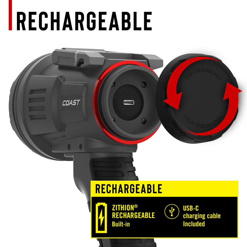 Coast LS20R 2500 Lumen Waterproof Rechargeable Spotlight, 1/4 Mile Rand, 20 Hour Runtime, Spot & Flood Beams, IP67, Floats in Water