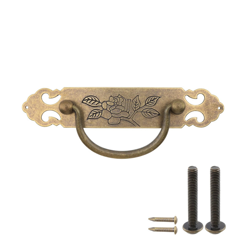 4PCS Antique Flat Bronze Cabinet Pulls Brass Decorative Handles with Engraved Pattern 3" Hole to Hole for Retro Style Furniture Style B-4 Pcs