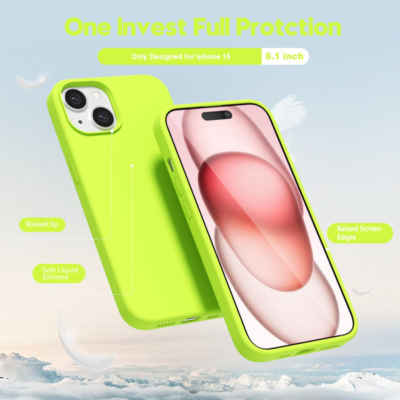 oakxco Liquid Silicone Case for iPhone 15 Case, Cute Slim Thin Phone Case for Women, Girly Soft Gel Rubber Cover Matte Solid Bright Color Shockproof with Microfiber Lining, Neon Green Lime