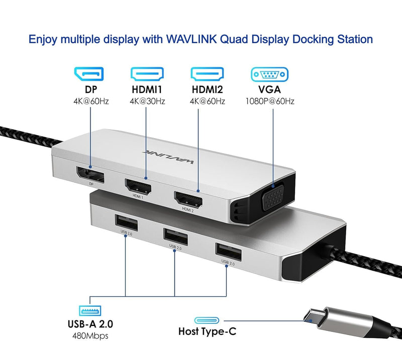 WAVLINK USB-C Quad Display Docking Station | 4K Triple Monitor Laptop Dock Hub for Windows, Dual HDMI + DisplayPort + VGA, 3 USB Ports