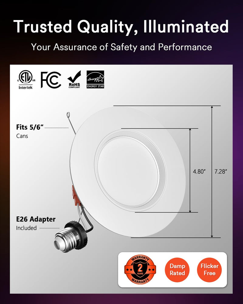 Lumary Smart Retrofit LED Recessed Lighting 5/6 Inch w/RGB Ring, ETL RGBAI Retrofit Can Light CCT Dimmable, Wi-Fi Bluetooth Connect, 66 Scenes Mode, Work with Alexa Google, CRI 90 1000Lm, 1 Pack 1Pack