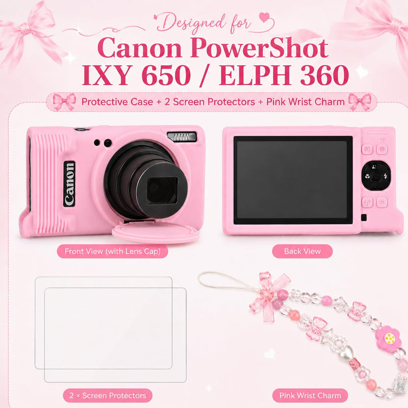 Case for Canon PowerShot ELPH 360 with 2-Pack Screen Protector | Removable Lens Cap Silicone Protective Cover with Cute Charm Wrist Strap for Canon ELPH 360 HS/IXY 650 - Pink Canon PowerShot ELPH 360/IXY 650