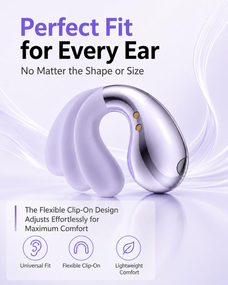 Ultra Open Ear Earbuds - Clip on Earbuds, Open Ear Headphones with Small Lightweight Bone Conduction Design, Comfortable Fit for Running, Gym Workouts and Sports, Aurora Purple