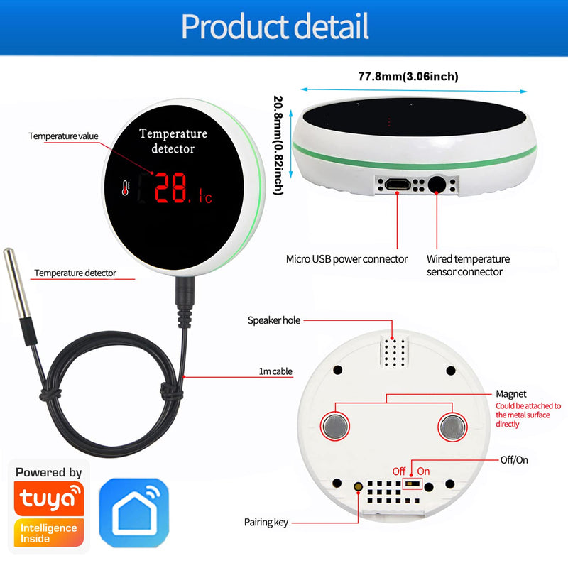 WiFi Smart Thermometer: WiFi Temperature Sensor with 1M Waterproof External Probe, App Alert & Buzzer Alarm, Digital Remote Temperature Gauge for Refrigerator, Fish Tank, Pet