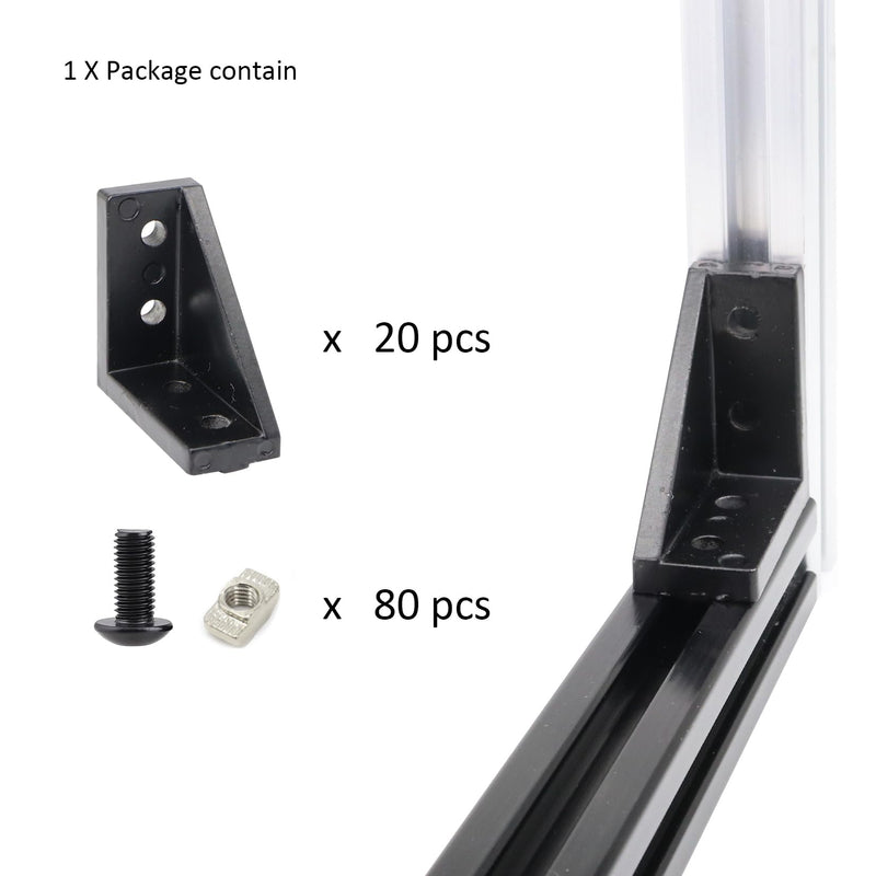 20 Sets 2020 Aluminum Extrusion T Slot Corner Bracket 20 Series Extruded Hardware 90 Degree Right Angle Connector with M5 Bolts Nuts for 20/20 80 20 2040 T V Slot Black Aluminum Profile 20Pcs 20x40 Bracket with Bolt Nut