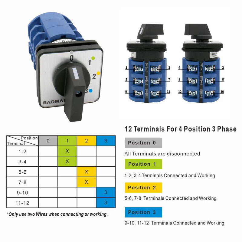 BAOMAIN 63A Rotary Cam Changeover Switch AC 660V 4-Position 3-Phase 12-Terminal SZW26-63/0-3.3 1-Pack Universal Cam Selector Switch for Motor Control and Power Switching 0-1-2-3