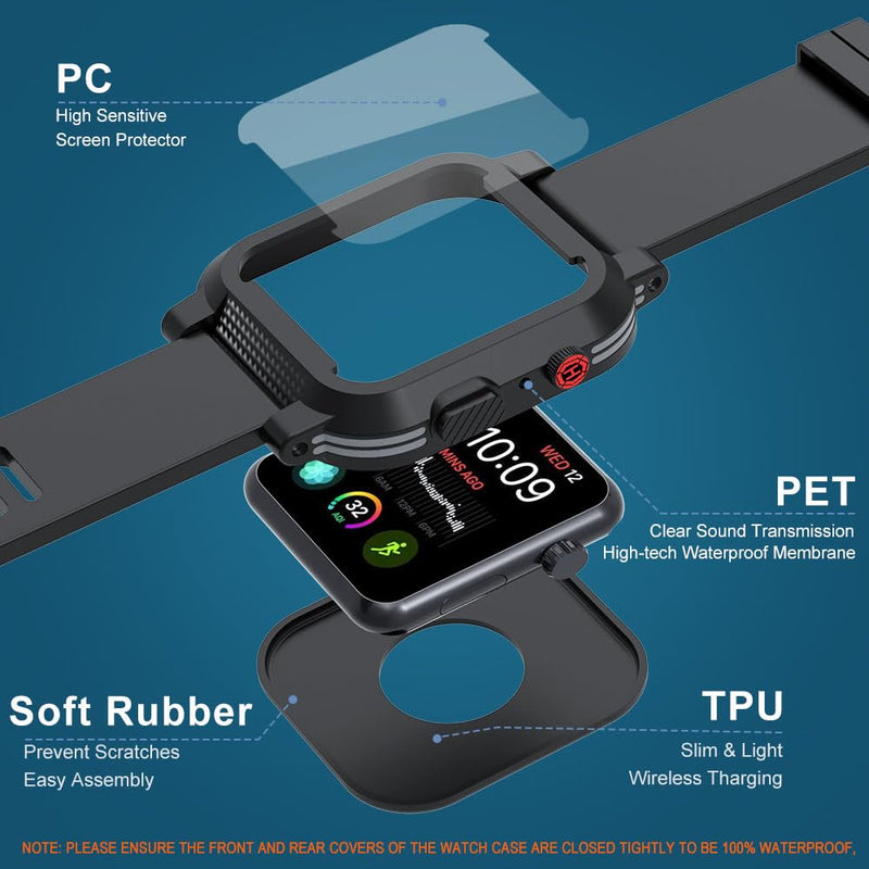 for Apple Watch Waterproof Case 38mm 42mm 40mm 44mm 41mm 45mm, IP68 Waterproof Case for iWatch Series 8 7 6 5 4 3 2 SE SE2, 360° Water proof Shockproof Smartwatch Bumper with Band,Black 38mm waterproof case